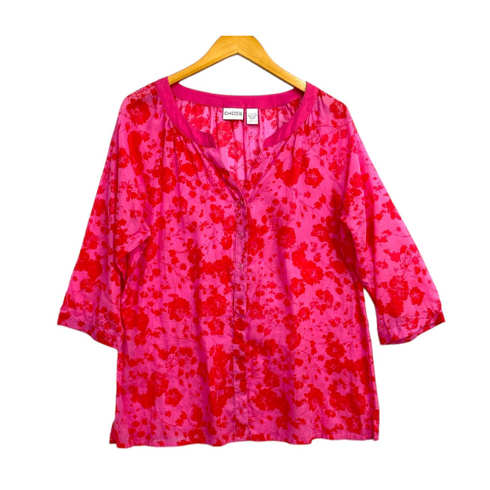 Chico's Top Women's Large Pink Floral Long Sleeve Tunic Casual 2